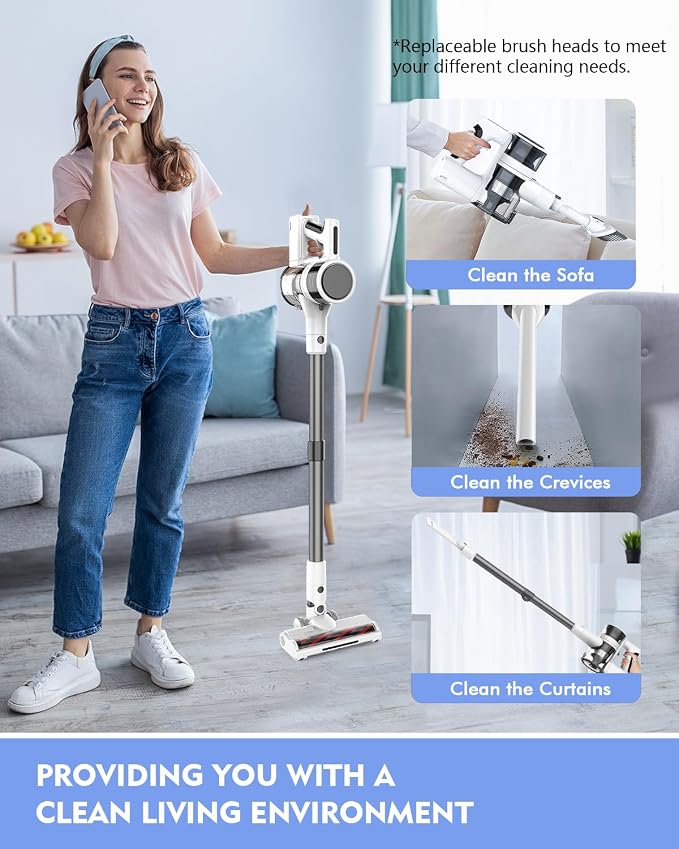 Comvtu Cordless Vacuums, 80,000PRM Powerful Motor Vacuum Cleaner and 2200mAH Rechargeable Battery up to 35 Mins Worktime, 2 Adjustable Modes, Detachable Parts, Wireless Stick Vacuum (Ballet White)