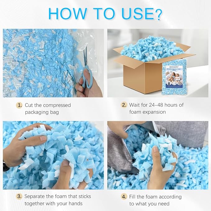 Shredded Memory Foam Filling-Bean Bag Filler, 30lbs Blue & White Premium Soft Stuffing for Punching Bag, Pillows, Couch, Cushions, Dog Bed, Added Gel Particles