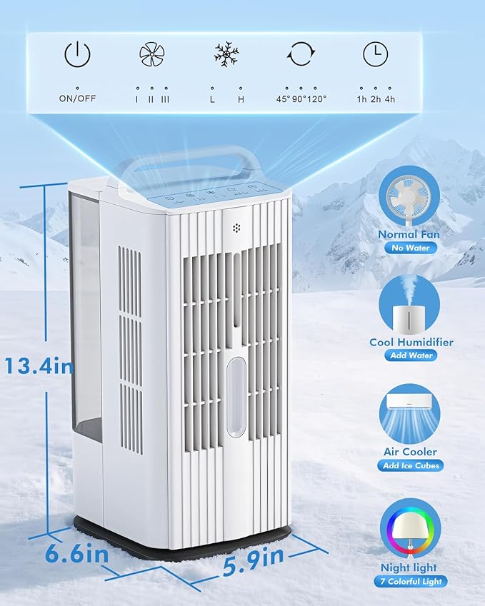 4-in-1 Portable Air Conditioners: 1700ml Tank Mini Air Conditioner with 120° Oscillating 16.5ft Remote - Evaporative Air Cooler with 3 Speed & 7 Lights 1-7H Timer - Portable AC Unit for Bedroom