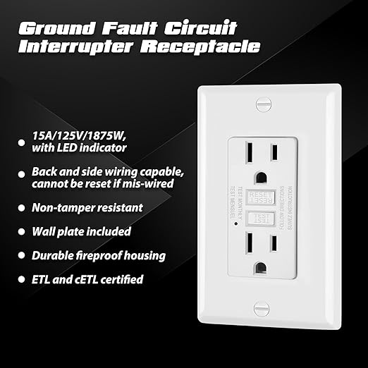 ELECTECK 30 Pack GFCI Outlets 15 Amp, Non-Tamper Resistant, Decor GFI Receptacles with LED Indicator, Ground Fault Circuit Interrupter, Wallplate Included, ETL Listed, White
