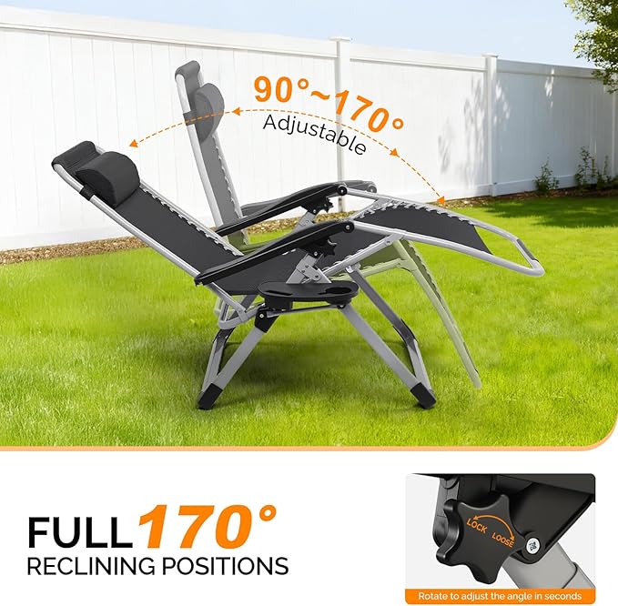 VINGLI Padded Zero Gravity Chair, Lounge Chair with Removable Cushion & Tray， Folding Reclining Patio Chairs， Recliner Chair for Lawn，Indoor and Outdoor