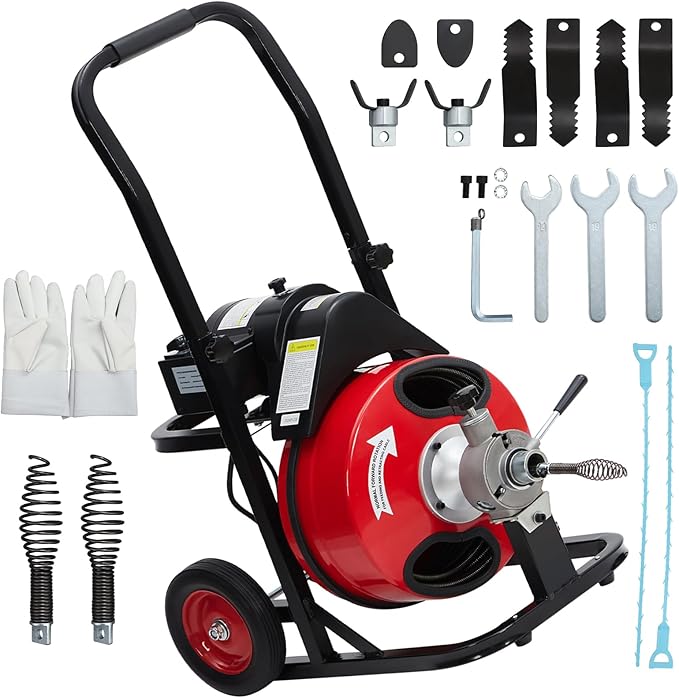 370W Electric Drain Cleaning Machine with 100' x 1/2" Solid Steel Cable, Sewer Snake Auger with 8 Cutters for 1"-4" Pipes, Portable Drain Cleaner for Sink, Toilet & Floor Drains