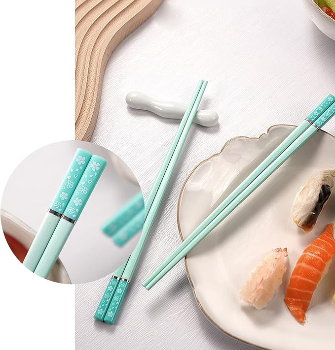 Chopsticks Reusable Dishwasher Safe, 9.57 inches Premium Non-slip Fiberglass Chop Sticks, Japanese Chinese Korean Chopstick for Party, Green, 5 Pairs