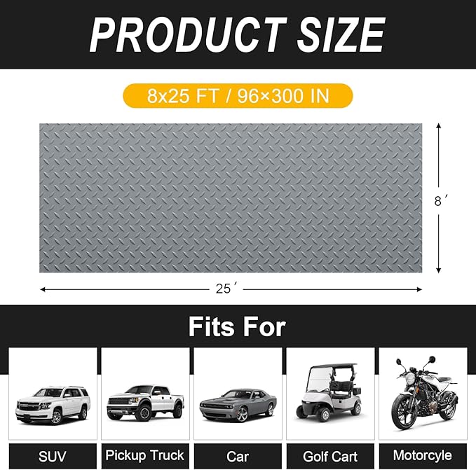 Grandroad auto 8x25 FT Garage Floor Mat, 2.8mm Thickened Flooring Roll for Under Car Diamond Plate PVC Rubber Mat with 20 Pcs Tapes, Non-Slip Floor Mat for Garage, Warehouse, Gyms, Trailer, Gray