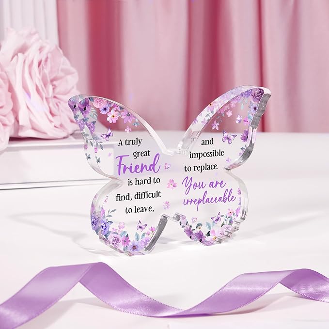Friend Friendship Gifts for Women, Purple Butterfly Acrylic Plaque Desk Decor, Gifts for Friends Women Unique, Bestie Best Friendship Female Present, 5 x 3.8 x 0.5 inches