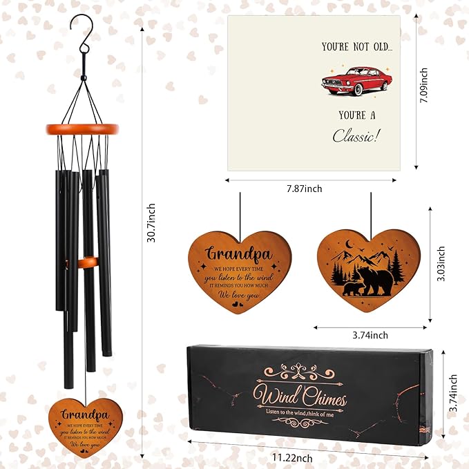 Grandpa Gifts Wind Chimes for Outside - Metal Windchime with Wooden Pendant, Greeting Card & Black Box - Unique Memorial Birthday Gift for Grandfather from Grandkids, Garden Hanging Decor
