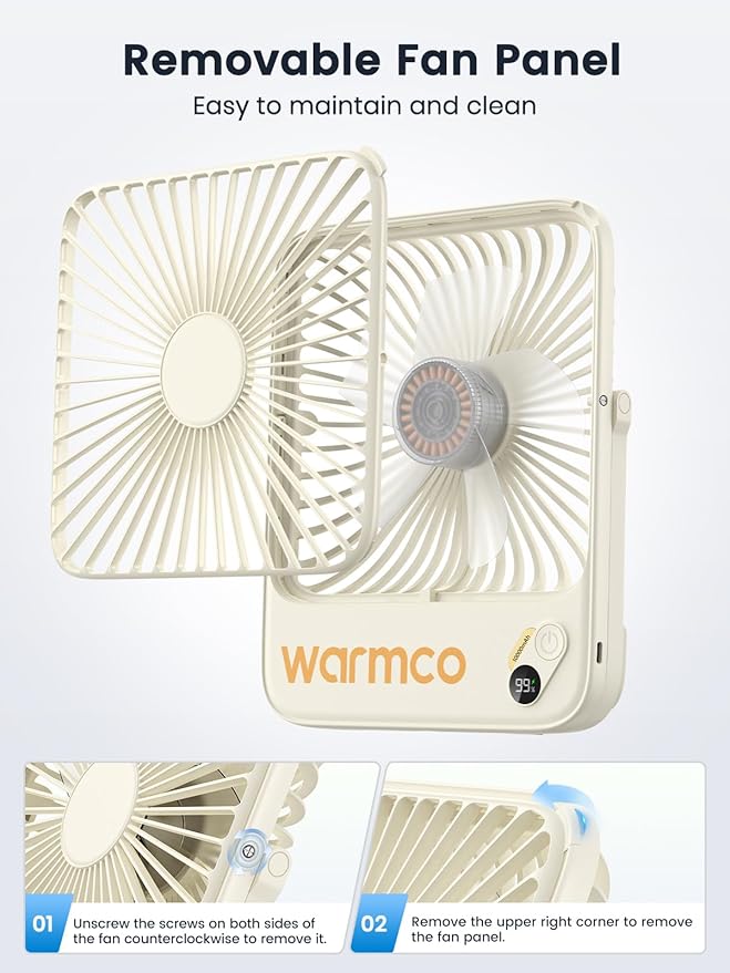 Warmco 10000mAh Portable Travel Fan 7-inch, Max 24H Runtime, Ultra-thin Quiet Rechargeable Battery Operated Desk Fan with Digital Display for Camping, Office, Bedroom, Cruise Essentials