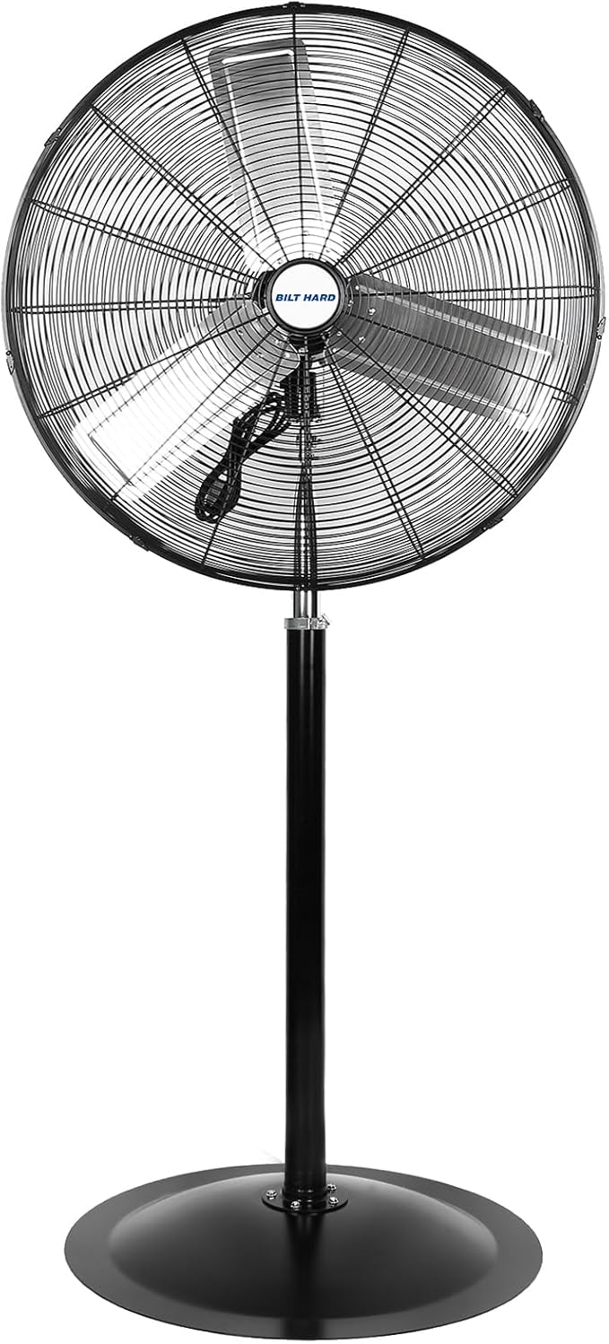 BILT HARD 24" High Velocity Pedestal Oscillating Fan, 6450 CFM 3-Speed Industrial Floor Fan with Adjustable Height, Metal Shop Fan with Aluminum Blades for Commercial, and Garage