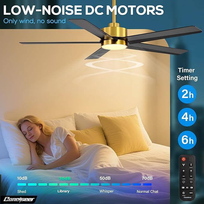 Conciseer 52 Inch Ceiling Fans with Lights and Remote for Bedroom Living Room Kitchen Office, Indoor/Outdoor Use, 6CCT Dimmable, 5 Blades 6 Speed Reversible Quiet DC Motor, Gold/Black