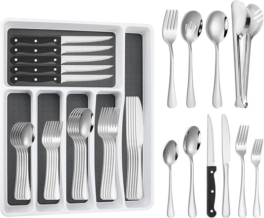 53PCS Silverware Set for 8 with Flatware Drawer Organizer, Stainless Steel Cutlery Set with Steak Knives, Include Spoons and Forks Set & Serving Utensils, Mirror Polished, Dishwasher Safe