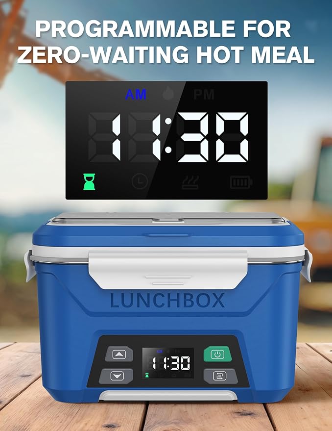 EAST OAK Cordless Electric Lunch Box for Adults, Heated Lunch Box Battery Powered with Automatic Heating, 5.5 Cups Self Heating Lunch Box Cordless with Removable Tray Divider