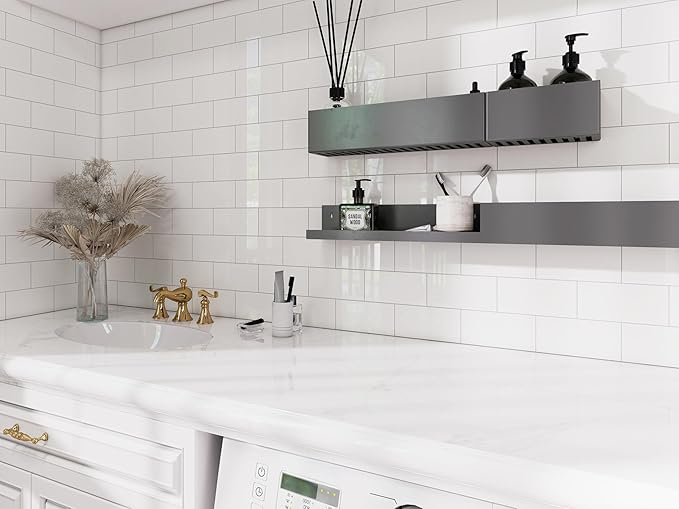 COLAMO Luxury 10 Sheet Peel and Stick Backsplash,12”x12”Pure White Subway Tile for Kitchen Wall,Self Adhesive Glossy Faux Marble Tile,Stick on Accent Wall Backsplash Tile for Living Room, Bedroom,RV