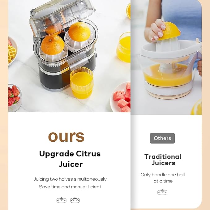100W Electric Juicer Machine, 500ml Twin Citrus Juice Maker with 18000 RPM Powerful Motor, Easy to Clean and Dishwasher-safe Parts, Fresh Hand Pressed Orange Juice (Silver)