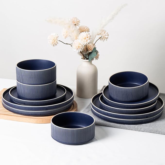 Dinnerware Set Service for 4, 12-Piece Ceramic Plates and Bowls Set, Chip & Scratch Resistant, Microwave and Dishwasher Safe, Modern Minimalist Tableware for Everyday Use, Matte Blue