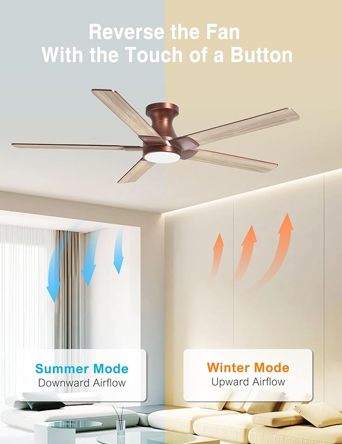 DAMINY 52 inch Brown Ceiling Fans with Lights,5 Blades,6CCT, Low Profile,Remote Control,for Bedroom, Kitchen,Living Room,Indoor/Outdoor Use,Flush Mount