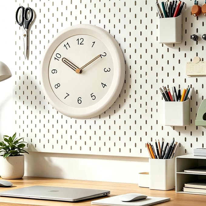 Mosewa 10 Inch White Wall Clock Silent Non-Ticking Quartz Battery Operated Analog Clock with Wood Hands, Easy to Read Minimalist Round Clock for Kitchen Living Room Bedroom Office