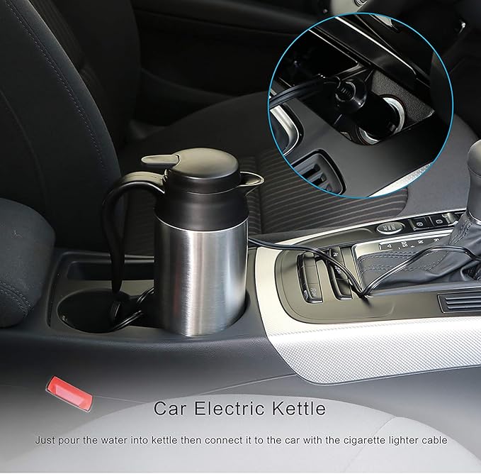 12V Car Kettle Boiler - 650ml Travel Kettle Car Water Heater Stainless Steel Car Coffee Cup Warmer Hot Water Maker with DC 12V Charger Electric Kettle for Car, Silver, A-1914218