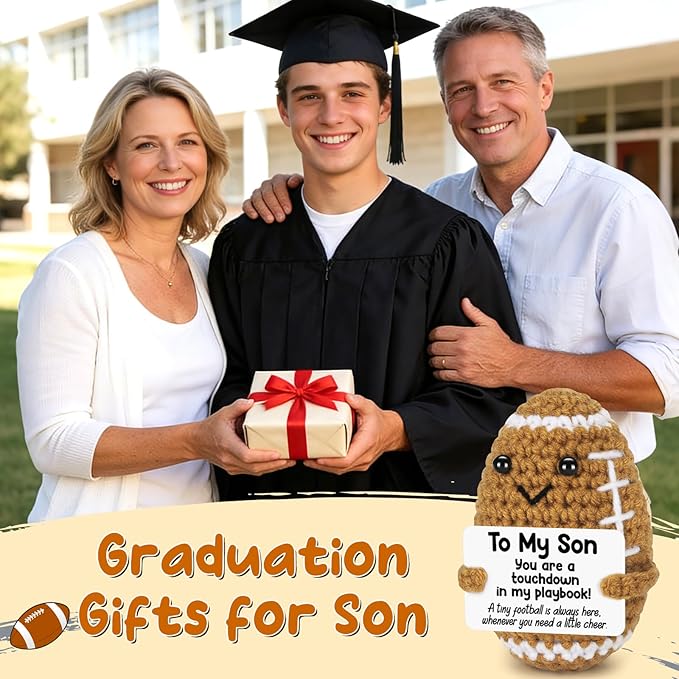 BiuNiuring Mini Funny Son Fathers Day Birthday Gifts from Mom Dad, Handmade Crochet Graduation Gifts for Teens Boys, Positive Football Doll Cheer Up with Inspirational Card Gift for Adults Son in Law
