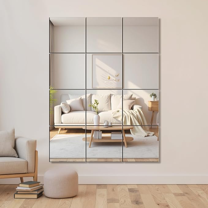 Delma Home Gym Mirrors, 12'' x 12'' Glass Mirror Tiles, 12 PCS | Square Large Wall Mirror, For Home Gym, Bedroom, Door, Bathroom, Frameless Mirror Sets