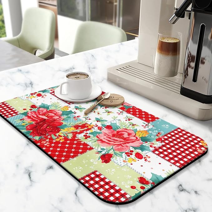 Kitchen Counter Drying Mat, Floral Patchwork Design, Red and Green Rose Pattern,12x20 Inch