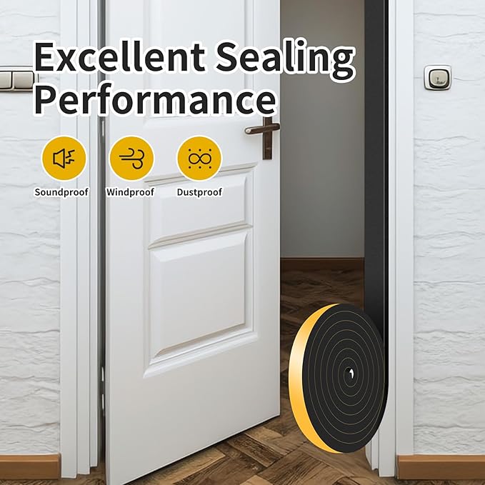 Weather Stripping Door Seal,Weather Stripping,Soundproof,Cold Insulation,High Density CR Foam Insulation Tape for Door, Front Door Frame, Windows,Sliding Door (Black, 1 in x 1/2 in x 13Ft)