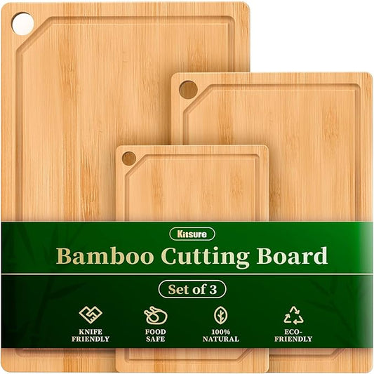 Kitchen Cutting Board Set - 3-Piece Wooden Cutting Boards for Kitchen with Juice Groove, Handles, Hang Holes, Stylish Kitchen Essentials for Chpping & Serving, Natural, 0.4"Th - (L+M+S)