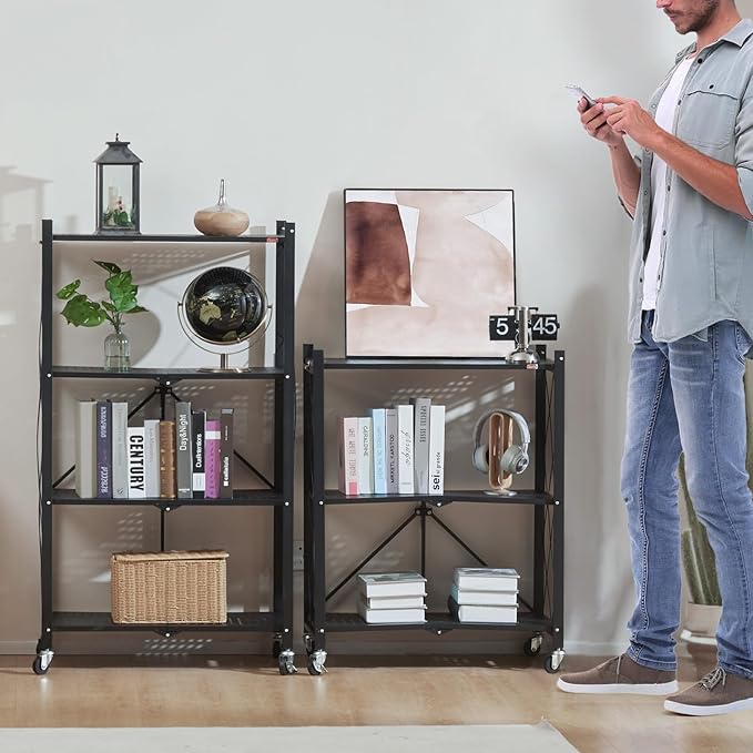 DEANIC 3 Tier Foldable Storage Shelves with Wheels, Kitchen Appliance Stand, Freestanding Metal Wire Shelf Rack, No Assembly Organizer Rolling Cart for Garage, Basement, Pantry (Black)