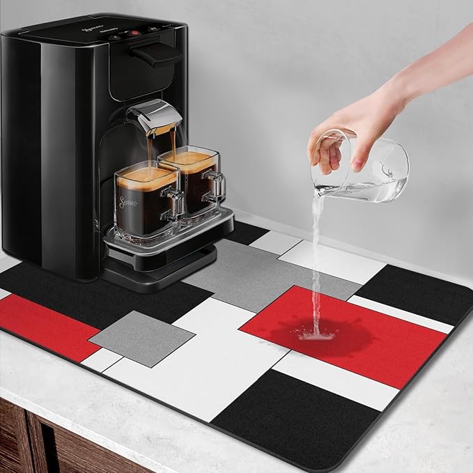 Arttown Coffee Mat for Countertops, Red Black White Grey Modern Dish Drying Mat 2 Pcs for Kitchen Bar Accessories, Fit Under Coffee Maker Espresso Machine Dish Rack Hide Stain Rubber 12x19in