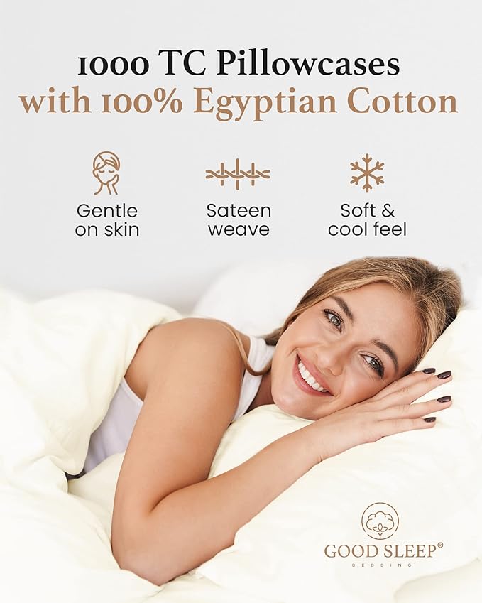 1000 TC Ivory Standard Pillowcases Set of 4 100% Egyptian Cotton Pillow Cases with Long Staple Cotton & Sateen Weave, Silky Soft Hotel - Like Bed Pillow Covers for Comfy Sleeping, Snug Fit