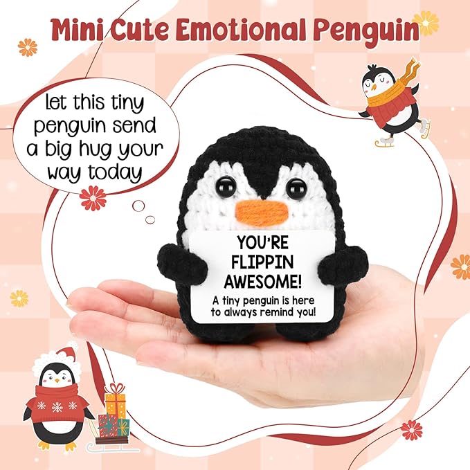 Mini Positive Crochet Penguin Birthday Gifts for Women, Funny Mothers Day Graduation Brithday Gifts for Women Men Boys Girls, Inspirational Appreciation Gifts for Adult Kid Teen Coworker Friend Decor