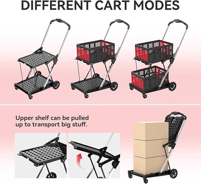 Collapsible Shopping Cart with Wheels,2 Tier Multi Use Foldable Shopping Cart with 2 Storage Crates,Folding Shopping Trolley Utility Cart for Office,Groceries, Warehouse,Supermarket,Picnic (Red)