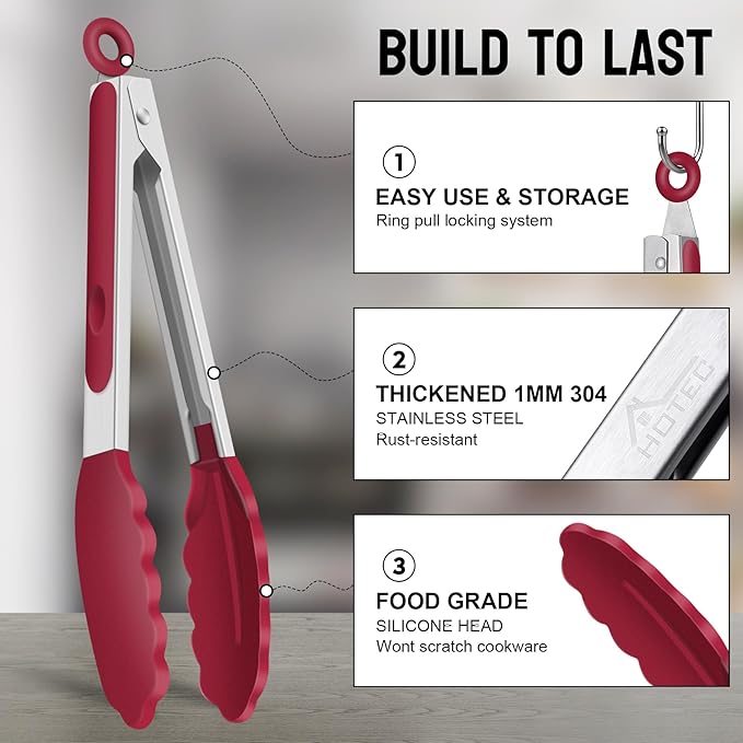 HOTEC Premium Stainless Steel Locking Kitchen Tongs with Silicon Tips, Set of 2-9" and 12"(Red)