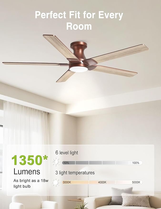 DAMINY 52 inch Brown Ceiling Fans with Lights,5 Blades,6CCT, Low Profile,Remote Control,for Bedroom, Kitchen,Living Room,Indoor/Outdoor Use,Flush Mount