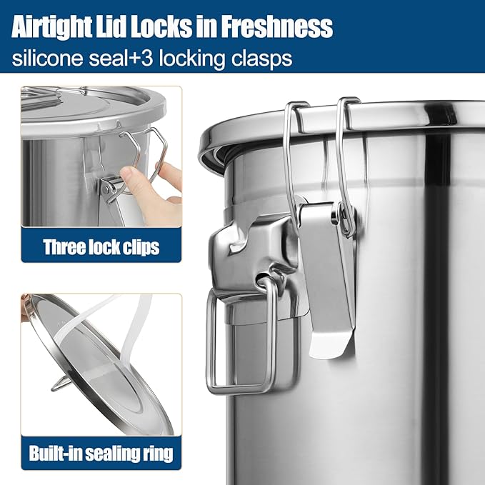 304 Stainless Steel Airtight Canister, 8.72Gal/33L Stainless Steel Airtight Food Storage Container with Lid and Lock Clips, Large Metal Storage Canister for Coffee Beans, Flour, Tea, Sugar, Cereals