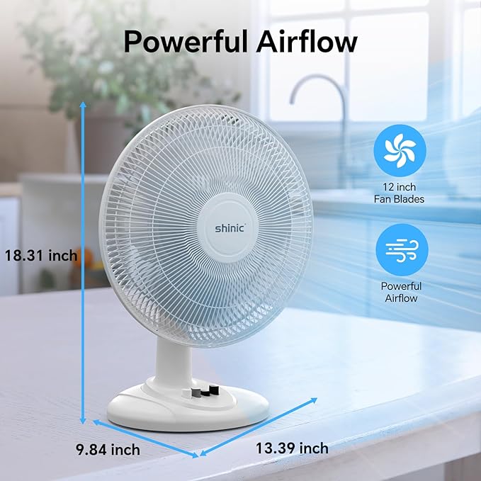 shinic 12-Inch Oscillating Table Fan, 3-Speed Quiet Desk Fan with Adjustable Tilt & Safety Grill, ETL Listed Portable Tabletop Fan for Bedroom, Home Office, Kitchen, Dorm
