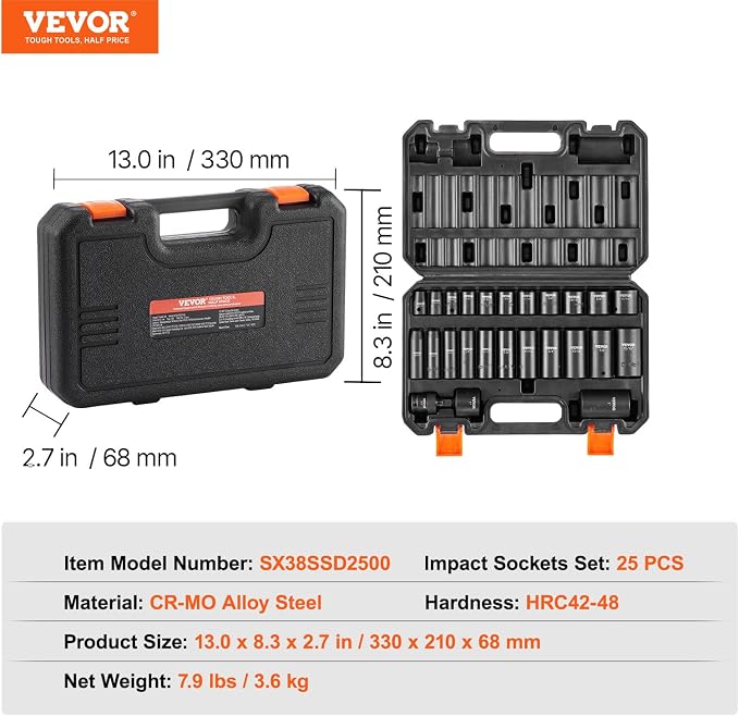 VEVOR 3/8" Drive Impact Socket Set, 25 Piece Deep & Shallow Socket Set SAE 5/16" - 1", 6 Point Cr-Mo Alloy Steel for Auto Repair, Easy-to-Read Size Markings, Rugged Construction, Includes Storage Case