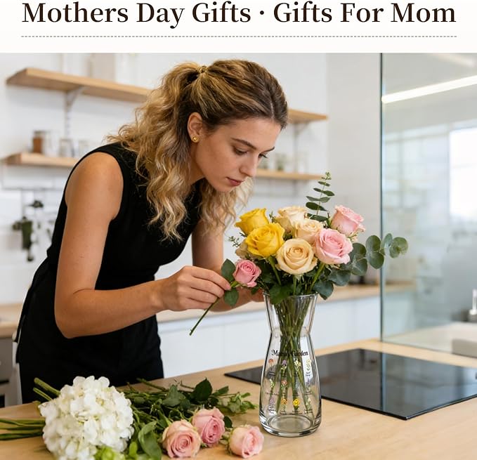 8 inch Clear Glass Flower Vases,Mom Gifts Mothers Day for Wife from Daughter Son,Birthday Gifts for Mom,Centerpiece Table Home Indoor Desk Decor
