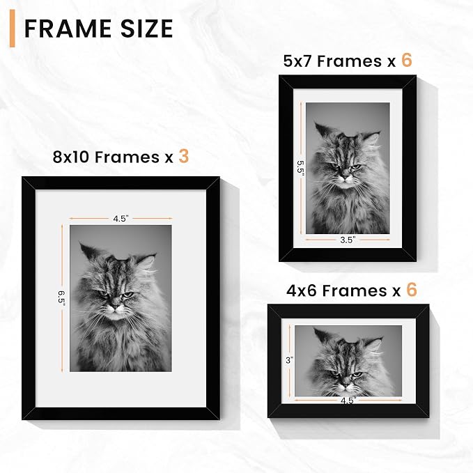 Venusmiles 15 Pack Picture Frames Collage Wall Decor, Gallery Frame Set for Wall Mounting or Tabletop Display, Multi Sizes Including 3pcs 8x10, 6pcs 5x7, 6pcs 4x6, Black