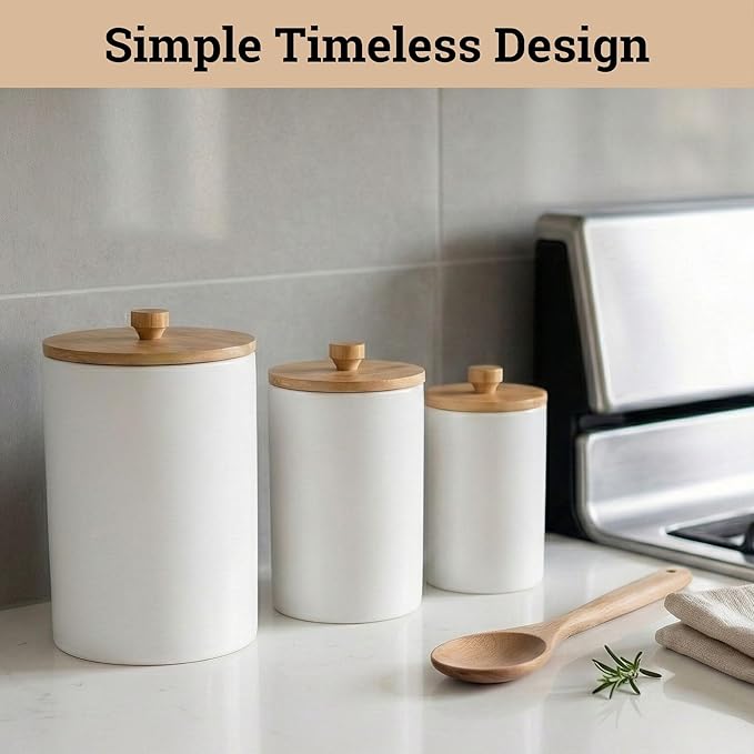 Ceramic Kitchen Canisters for Countertop Set of 3 with Airtight Bamboo Lids - White Kitchen Canisters with Airtight Lids - Flour Sugar Canister Set - Flour and Sugar Containers Farmhouse - Coffee Jar