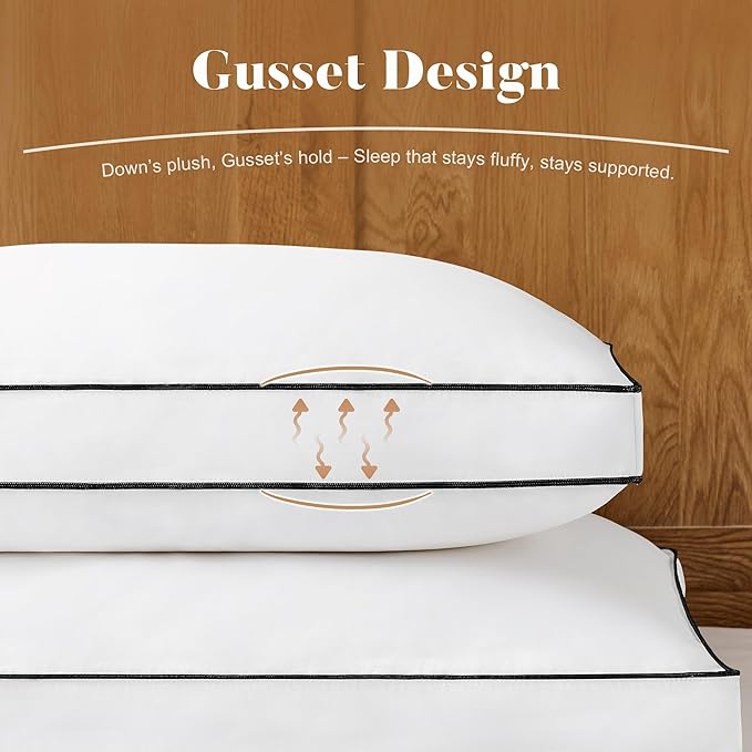 DOWNSTORIA Goose Feather Down Queen Bed Pillows 2 Pack, Luxury Hotel Collection Pillows Set of 2 with Gusset, Down Surrounded Pillow for Side and Back Sleepers, Gusseted Fluffy Pillows 20x30 in.