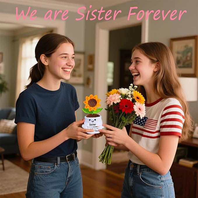 Qunland Gifts for Sister, Galentines Birthday Mothers Day Sister Gifts for Women from Sisters Brother, Handmade Emotional Crochet Cute Sunflower Doll Soul Gift for Sisters in Law BFF Bestie Presents