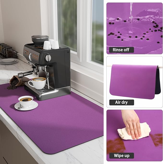 Ecotrim Absorbent Coffee Mat , Stain Hiding PU Leather Surface, Non-Slip Natural Rubber Backing, Quick Dry Mat for Espresso Machine, Kitchen Counter ,Purple | 17" x 31.5"