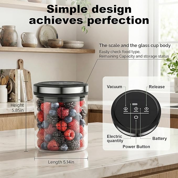 GVODE Vacuum Coffee Canister 1.2L - Airtight Food Storage Container for Coffee Beans, Grounds, Tea & Spices, Home Kitchen Food Storage Organizers with Precise Scale, 4500 Hours of Battery Life