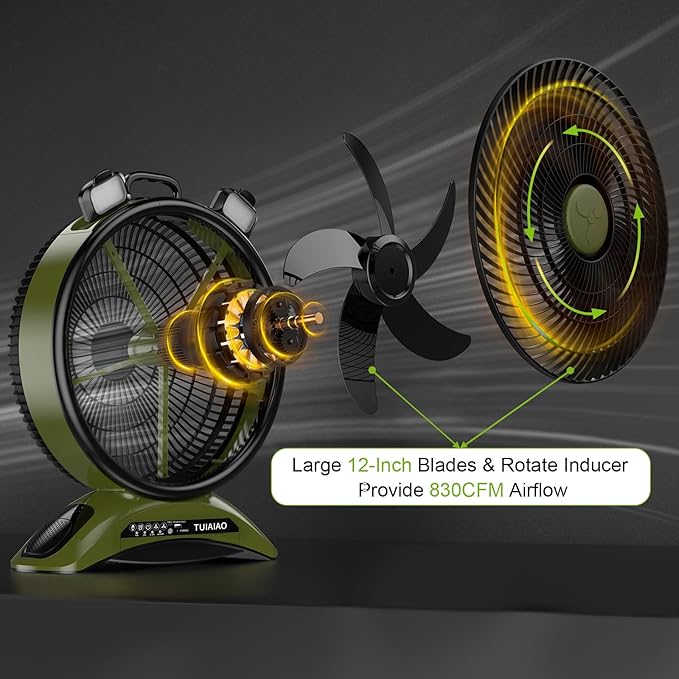 45000mAh Battery Operated Fan with Light, High Velocity Rechargeable Camping Fan, 12-Inch Portable Battery Powered Fan for Tent RV Hurricane, Quiet Use While Charging with Remote Timer, Green