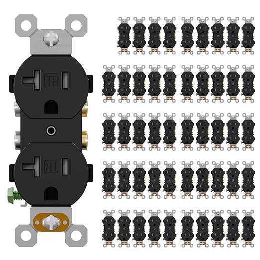 AIDA 20 Amps Outlets Duplex Electrical Receptacle Outlets,Tamper Resistant,Heavy-Duty Receptacle Wall Outlet,Residential,TR,3-Wire, Self-Grounding Clip, NEMA 5-20R,UL Listed (50 Pack, Black