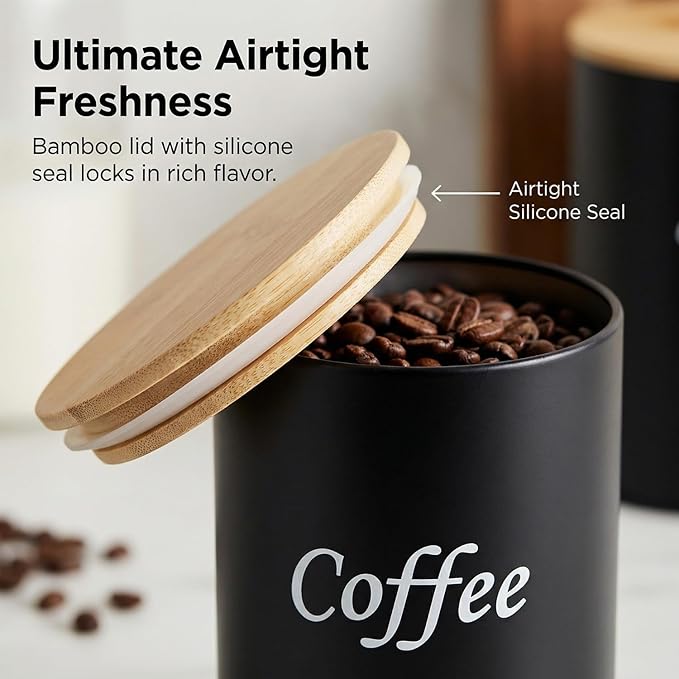 QWORK Metal Kitchen Canisters with Bamboo Lids, 3 Pack Airtight Food Storage Jars for Coffee Sugar Tea Flour Black Rustic Farmhouse Counter Decor, 3.74" x5.6"