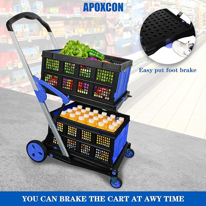 APOXCON Shopping Cart with 2 Storage Crates, Multi Use Two Tier Collapsible Cart with 360° Rolling Swivel Wheels Heavy Duty Folding Trolley for Shopping, Picnic and Office