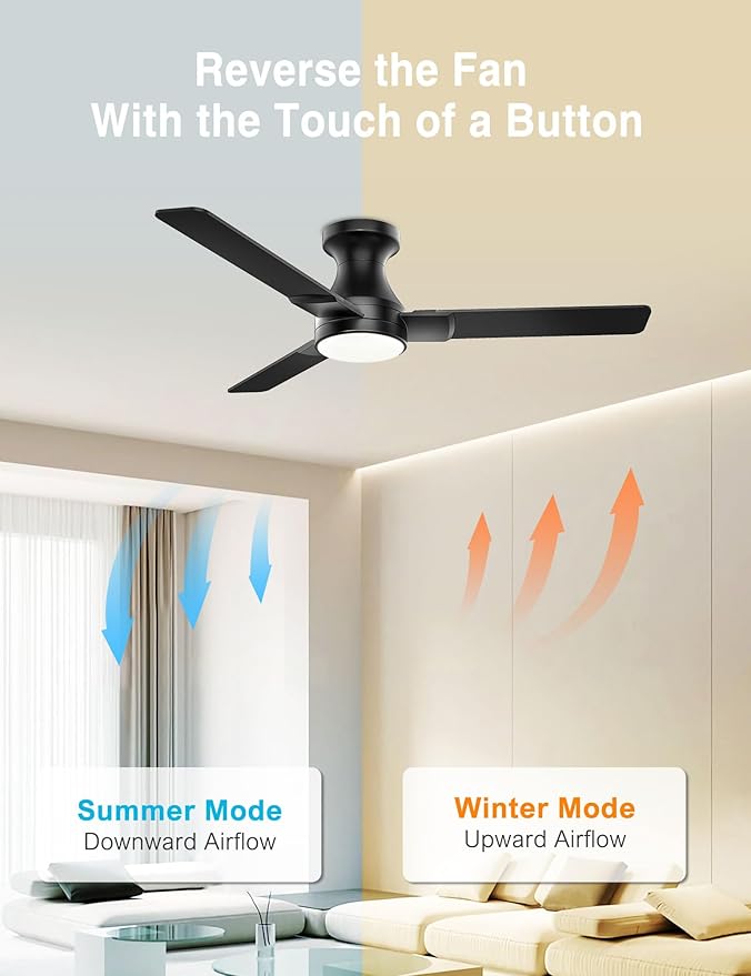 DAMINY 42 inch Ceiling Fans with Lights,3 Blades,6CCT, Low Profile Ceiling Fan with Light and Remote Control,Ceiling Fan for Bedroom, Kitchen,Indoor/Outdoor Use,Flush Mount-Black