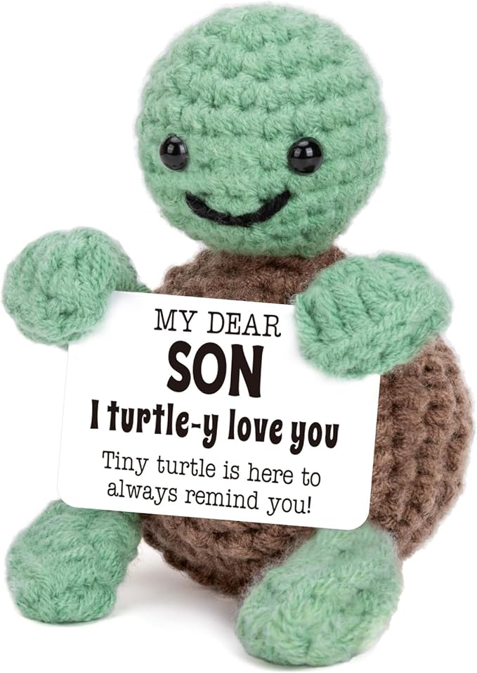 Mini Funny Turtle Son Gifts from Mom Dad, Fathers Day Birthday Gifts for Kids Teens Adults Son in Law Bonus Step, I Love You Presents Small Cute Stuff Things,Handmade Emotional Positive Crochet Turtle