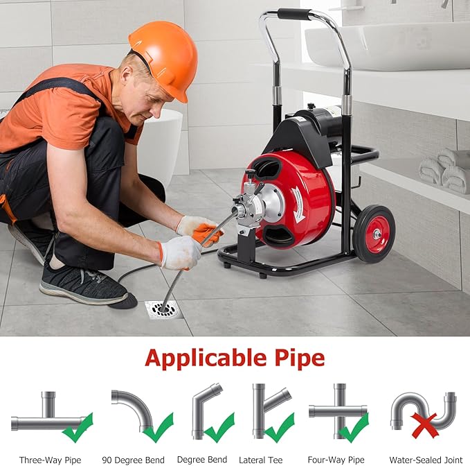 Electric Drain Cleaner Machine, 100FT x 3/8" Cable, 370W Auto-Feed Sewer Snake, 4 Interchangeable Cutter Heads, Air Foot Switch, Portable Auger for 1"-4" Pipes, Home and Commercial Use